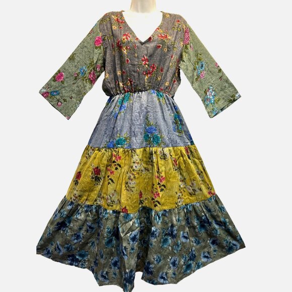 Nwt SACRED THREADS gypsy boho funky hippy rayon twill tier DRESS 1X - Picture 1 of 4